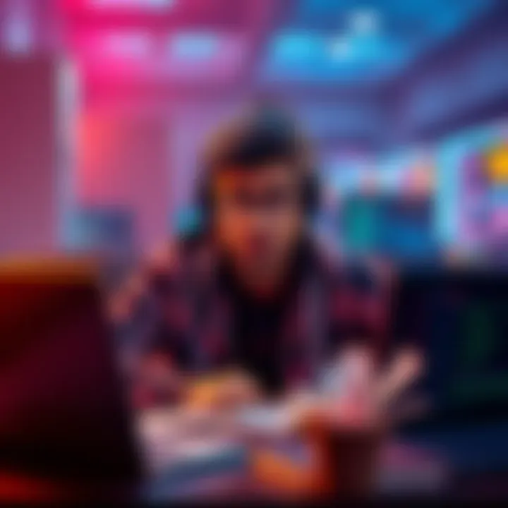 A young man from Noida looking for a team to join hackathons, surrounded by laptops and coding books.