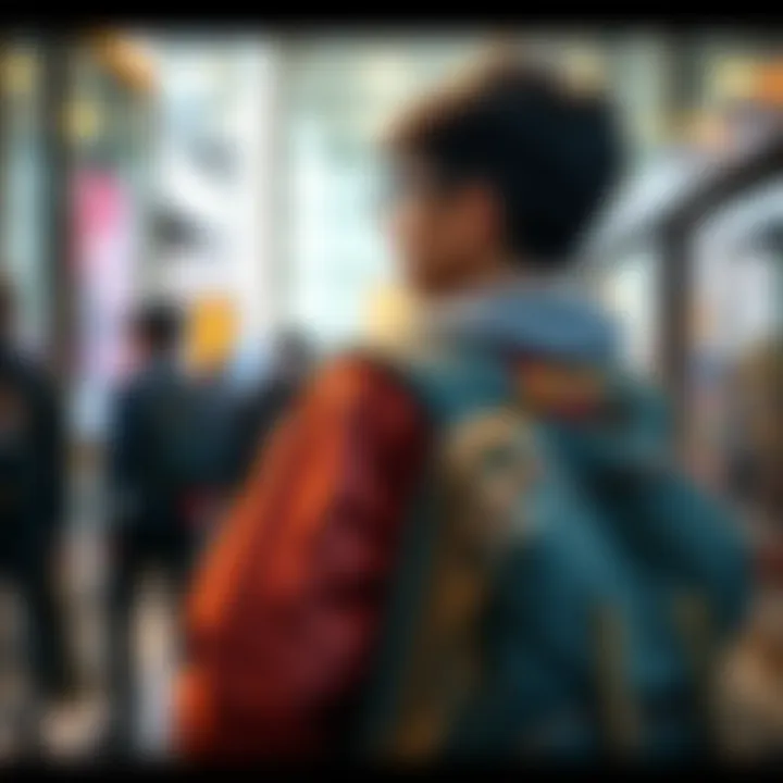 A young person wearing a stylish backpack with modern features in an urban setting, showcasing current trends in backpack design and usage.