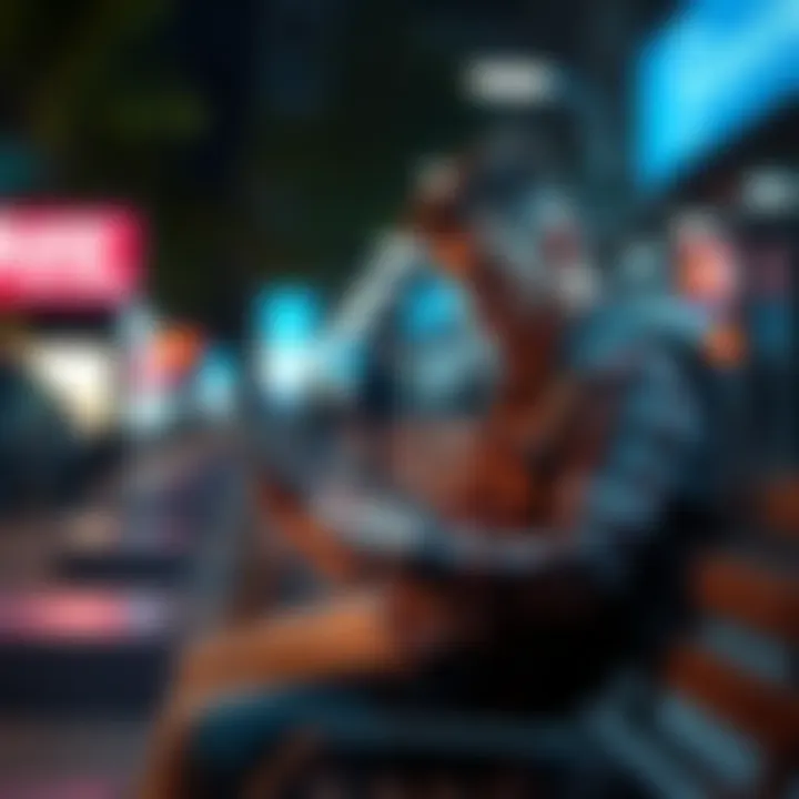 A backpacker sitting on a bench, looking stressed while checking their phone, symbolizing a scam experience with Revolut.