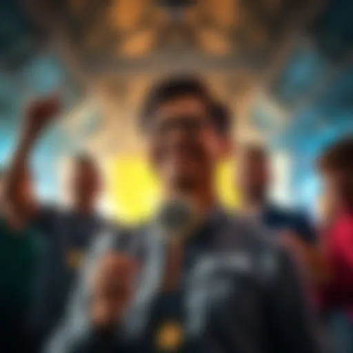 A proud person holding a badge, symbolizing an achievement and recognition, surrounded by friends celebrating