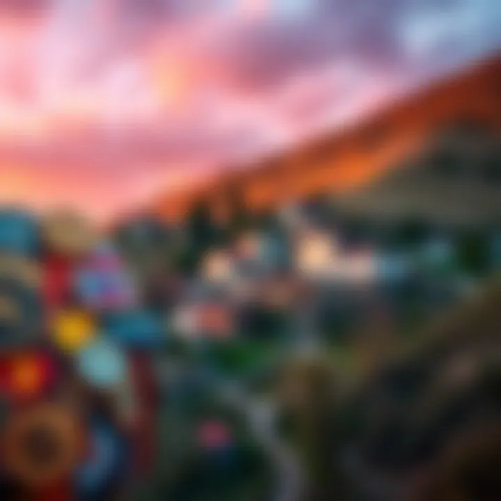 A collection of colorful badges representing achievements and rewards, with a backdrop of a small village setting