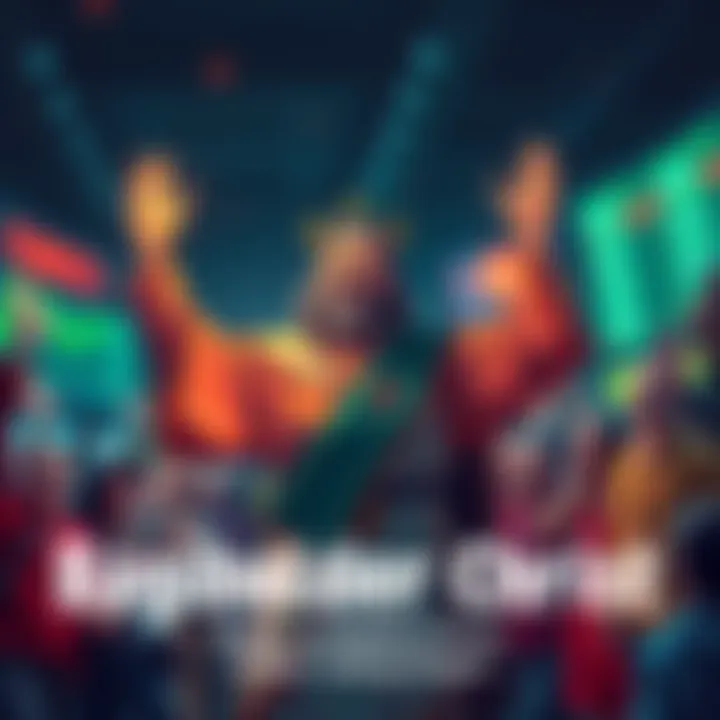 Bagholder Christ figure A cartoonish figure representing Bagholder Christ with a cape, holding a trading chart while surrounded by joyful traders celebrating hope and community spirit