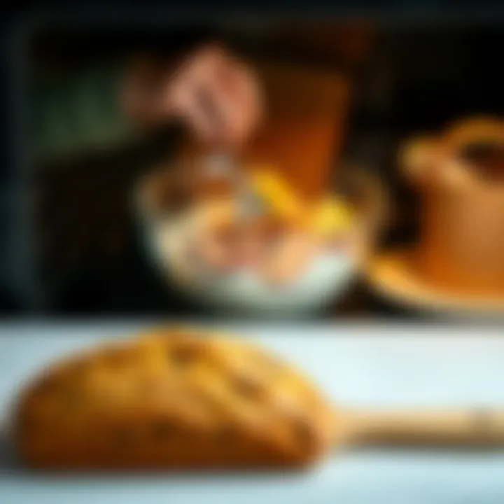 A person mixing ingredients in a bowl to make bread without using an oven, with a loaf of baked bread on the counter.