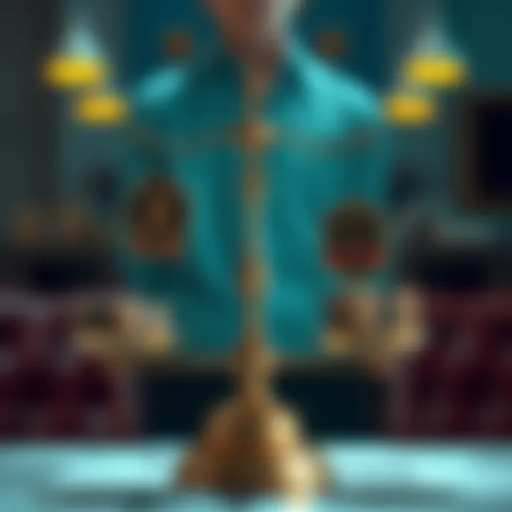 A person weighing parcels and badges on a scale, representing choices in a game.