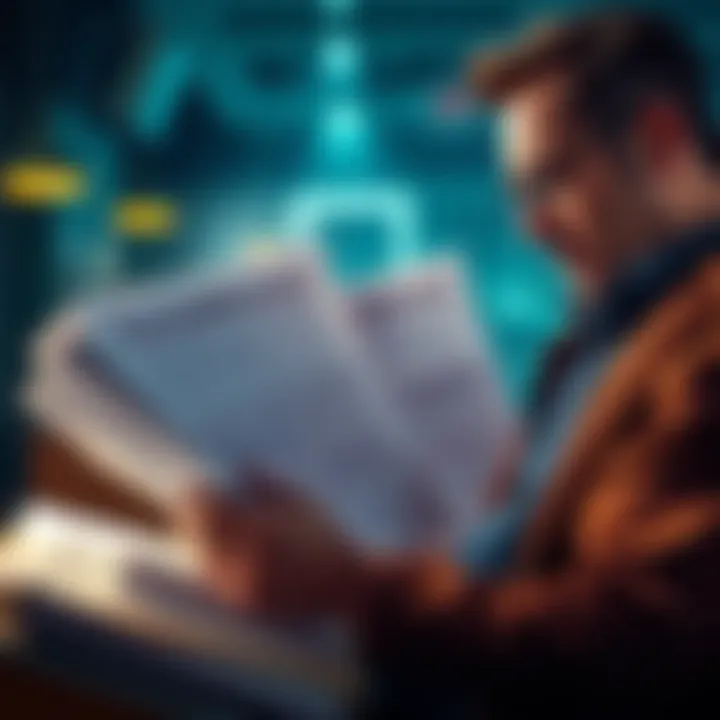 A person sorting through documents, resembling bank paperwork, with a worried expression about financial independence