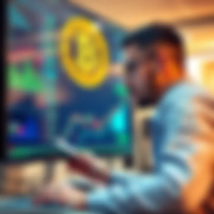 A close-up of a bank official analyzing financial data on a computer screen, with a visual representation of Bitcoin transactions in the background.