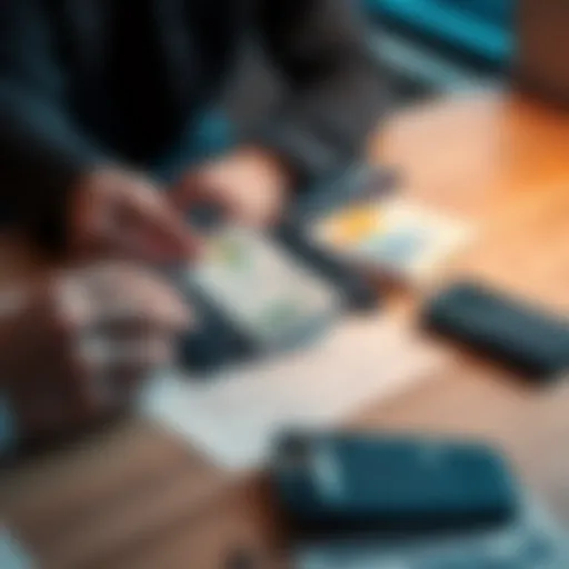 A person using a smartphone to transfer money to a bank account with a calculator and financial papers on the table.