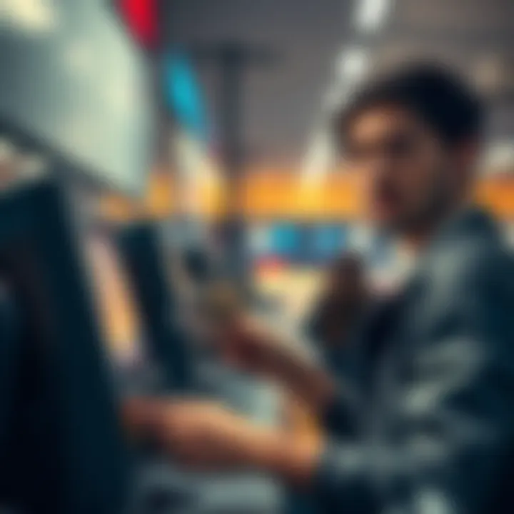 Individual at a bank teller withdrawing cash while looking concerned about account status