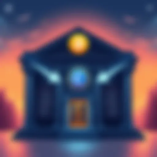 Illustration showing a bank building with arrows pointing to a Coinbase logo, representing fund transfers