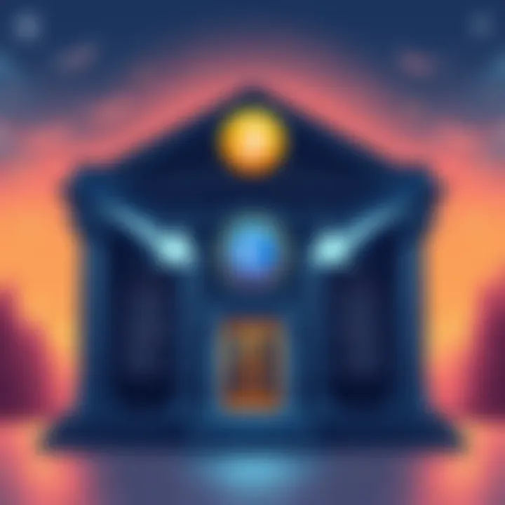 Illustration showing a bank building with arrows pointing to a Coinbase logo, representing fund transfers