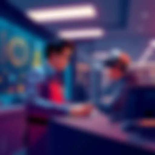 A bank employee denying a customer at a counter, with crypto-related icons in the background.