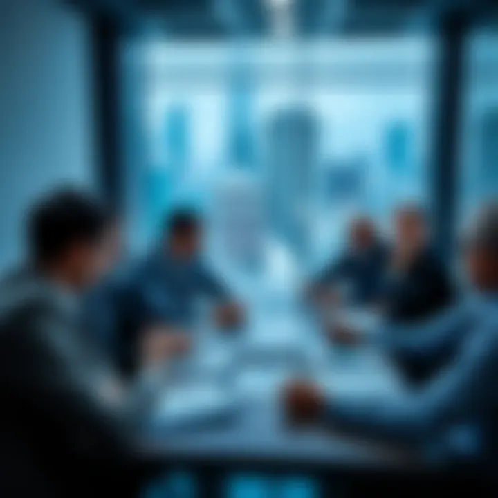 Group of bankers in a meeting focusing on credit ratings after tech IPOs, with charts and financial documents on the table.