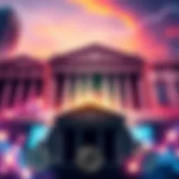 A depiction of major banks threatened by cryptocurrency, with bank buildings and digital currency symbols.