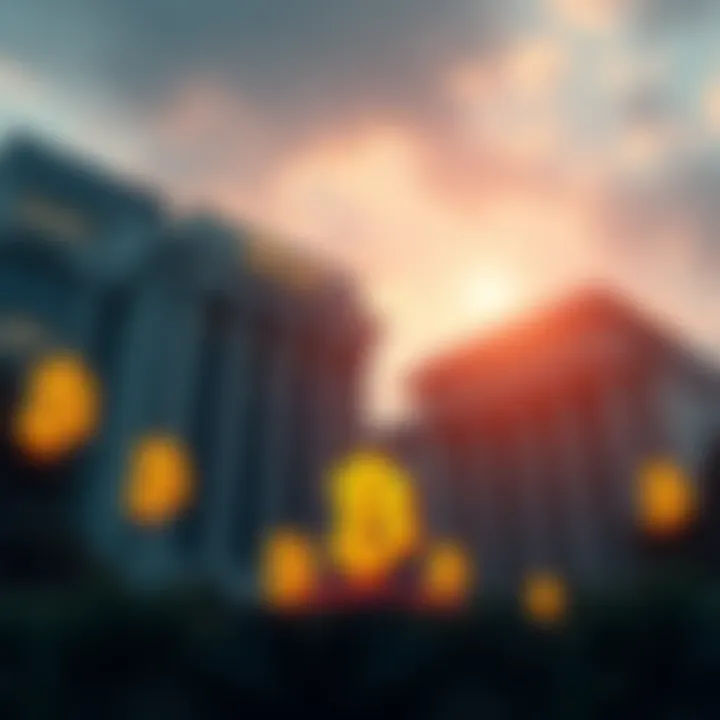 A group of modern bank buildings with Bitcoin symbols rising in the foreground, representing banks entering the cryptocurrency market.