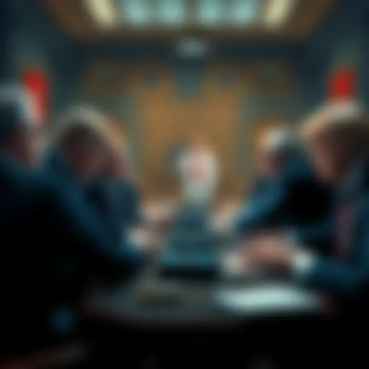 A group of bankers discussing the CLARITY Act in a tense meeting, showing concern for cryptocurrency regulation