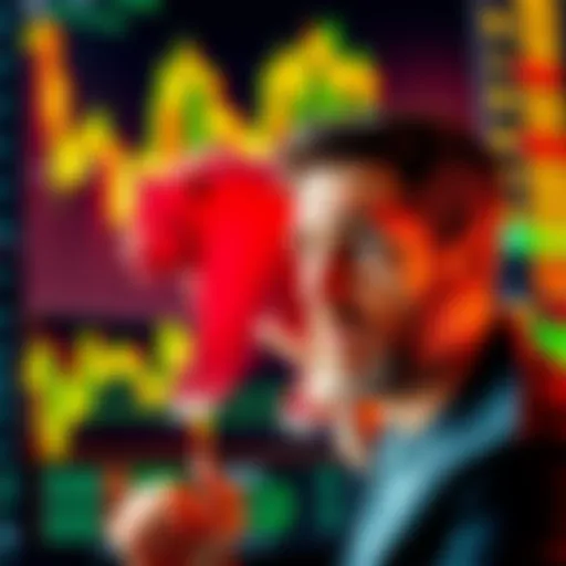 A man looking concerned while analyzing stock market charts with a bear symbol in the background.