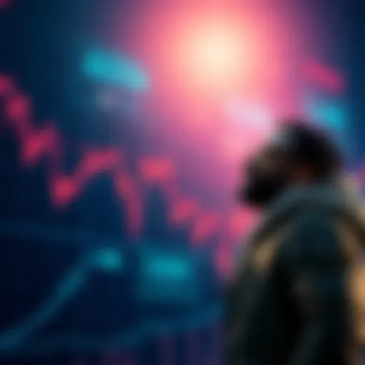 A chart showing a downward trend with the price hitting 60k, symbolizing a bear market. An investor looks hopeful, considering the potential to buy more digital assets.