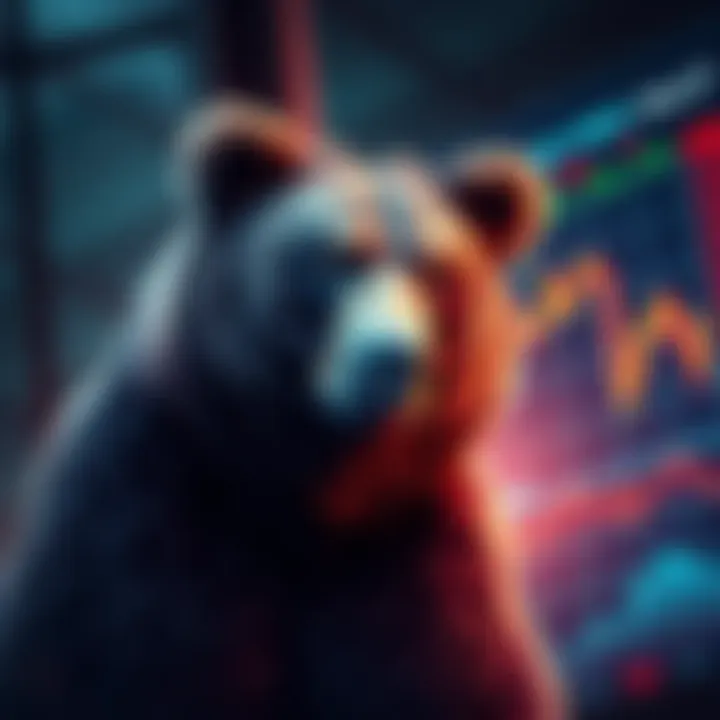 A bear symbolizing a market downturn, looking cautious amid falling stock charts.