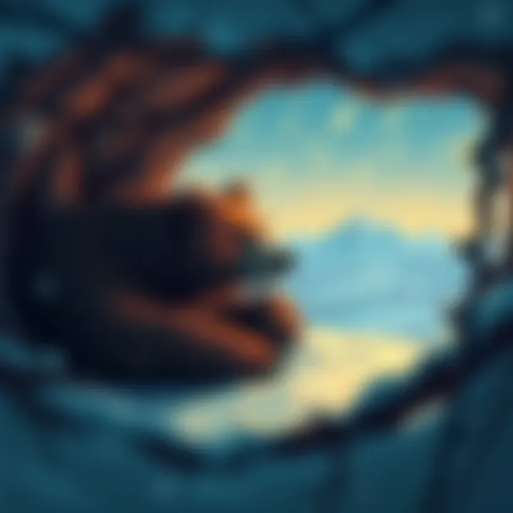 A bear resting in a cozy den surrounded by winter scenery, symbolizing resilience during market downturns.