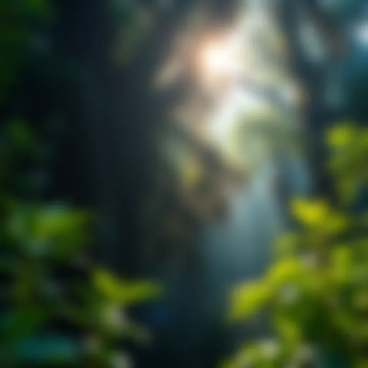 Lush green forest with sunlight filtering through the leaves, showcasing the beauty of nature.
