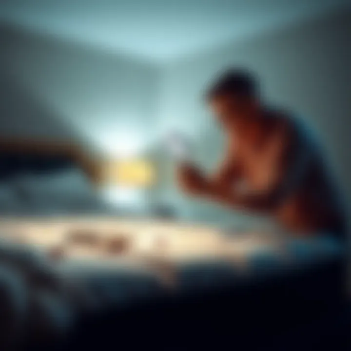 A person inspecting a mattress for bed bugs, using a flashlight and a magnifying glass to check for pests.