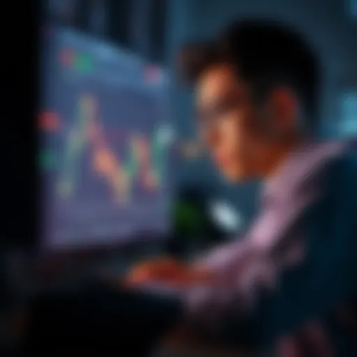 A beginner looking at a computer screen with a worried expression while analyzing crypto trading charts and graphs, representing common mistakes to avoid in crypto trading.