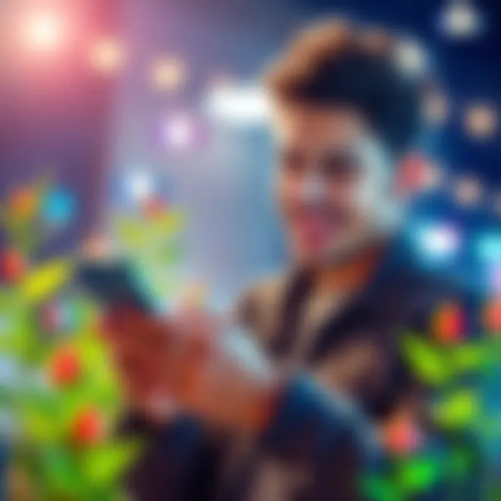 A person using a smartphone, looking excited and focused while engaging with a social media app, surrounded by vibrant growth symbols like plants and thumbs-up icons.