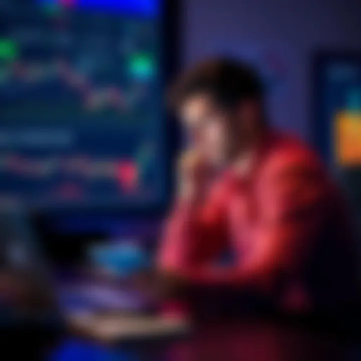 A newcomer to cryptocurrency sits in front of a laptop with charts on the screen, looking thoughtful and holding a notebook to take notes.