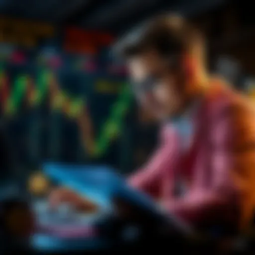 A person studying crypto trading with a laptop and notes, looking focused and determined.