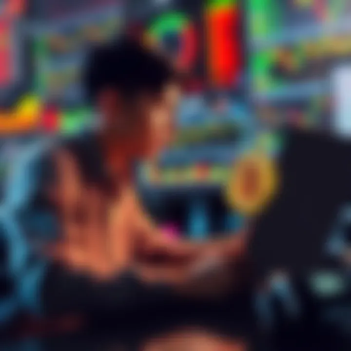 Beginner Trader Seeking BTC Advice A person looking at Bitcoin charts on a laptop, surrounded by financial charts and indicators, symbolizing trading strategies and community support.