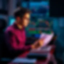 A person sitting at a desk with a laptop, studying trading charts and notes, showing focus and determination.