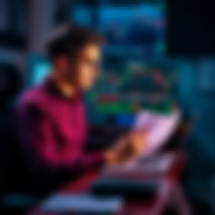 A person sitting at a desk with a laptop, studying trading charts and notes, showing focus and determination.