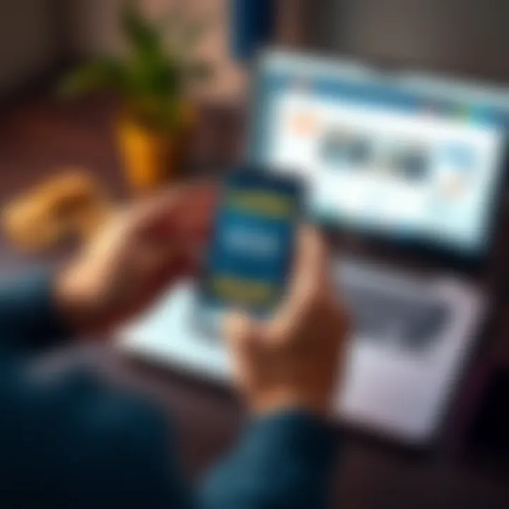 A person holding a smartphone displaying a Bitcoin wallet app, with Bitcoin coins nearby and a laptop open with an exchange website visible.