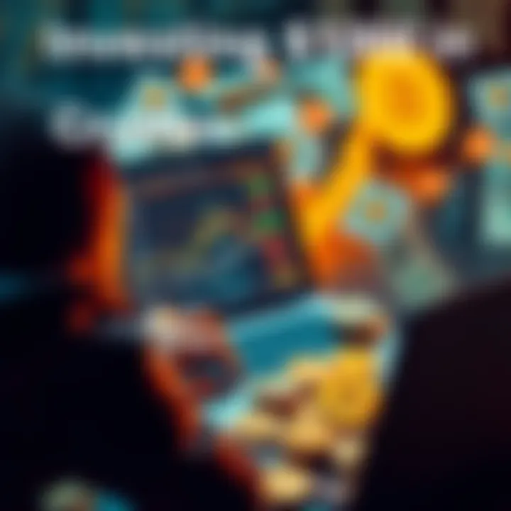 A person analyzing cryptocurrency options on a laptop with dollar bills and digital coins around them, representing investing in cryptos for beginners