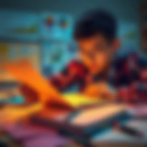 A person looking at a notebook with a pencil, surrounded by colorful notes and charts, focusing on learning strategies.