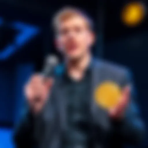 Ben McKenzie discussing the future of Bitcoin with a microphone in hand