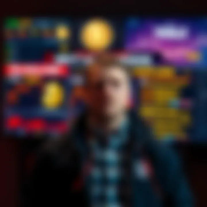 Ben McKenzie stands in front of a screen showing cryptocurrency symbols and misleading headlines