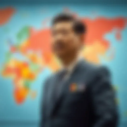 A thoughtful leader in a suit pondering governance, standing in front of a large map showing different countries and their governance styles.