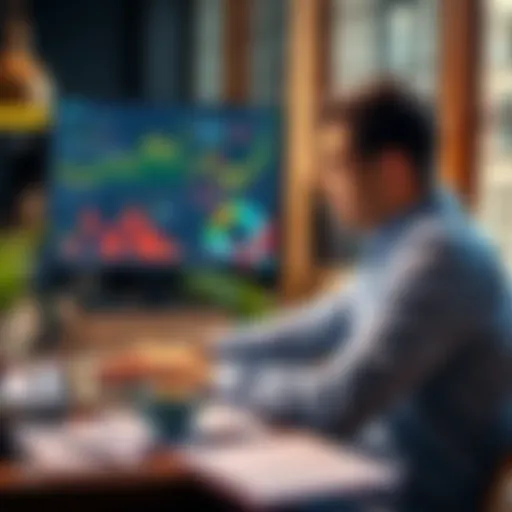 A man named Benji looks at financial charts on a laptop, showing graphs indicating market fluctuations. He appears contemplative and focused, surrounded by notepads and coffee, strategizing his next m...