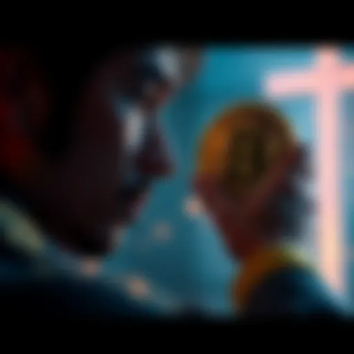 A person contemplating a Bitcoin coin while looking at a cross symbolizing faith and finance