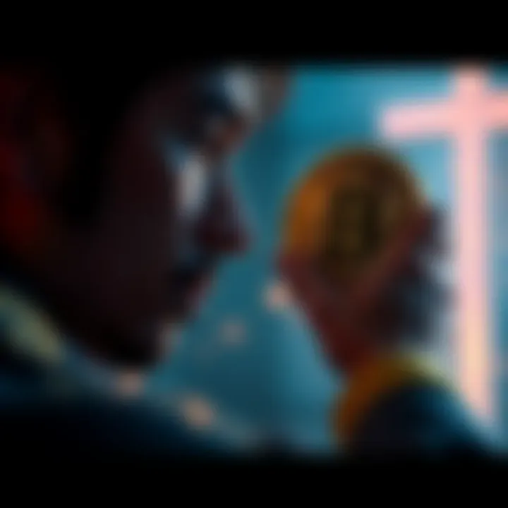 A person contemplating a Bitcoin coin while looking at a cross symbolizing faith and finance