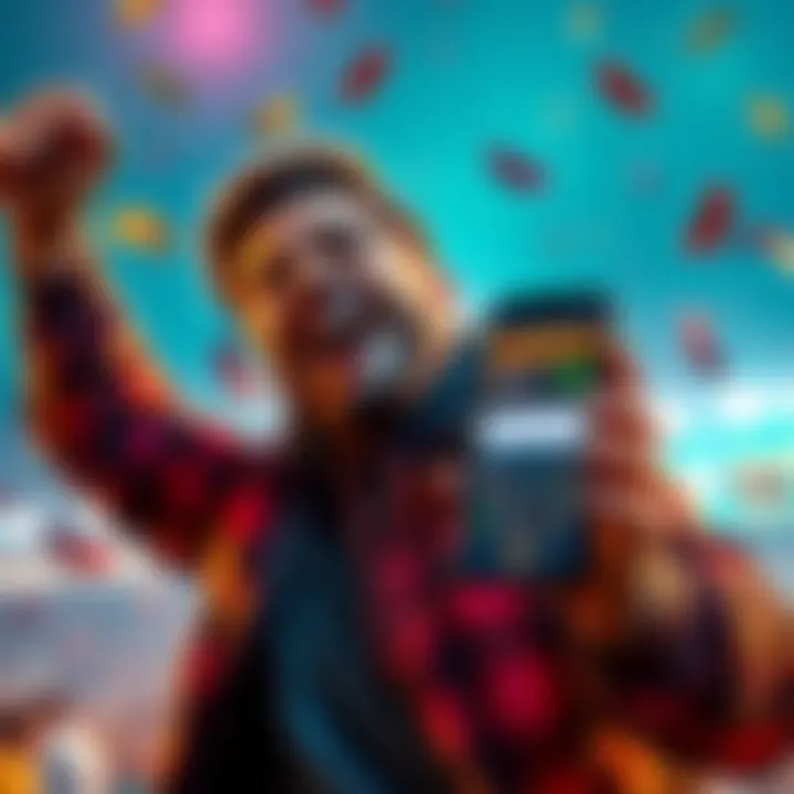 A person celebrating with cash and a phone displaying a betting app, symbolizing a betting credits promotion after a small deposit.