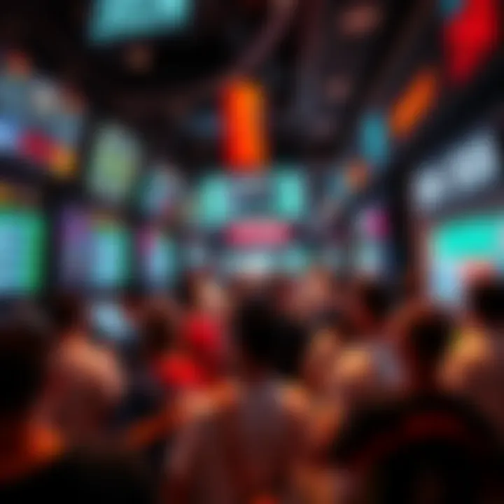 A lively scene of people engaging in sports betting at a crowded venue, with screens displaying odds and graphics, and excitement in the air.