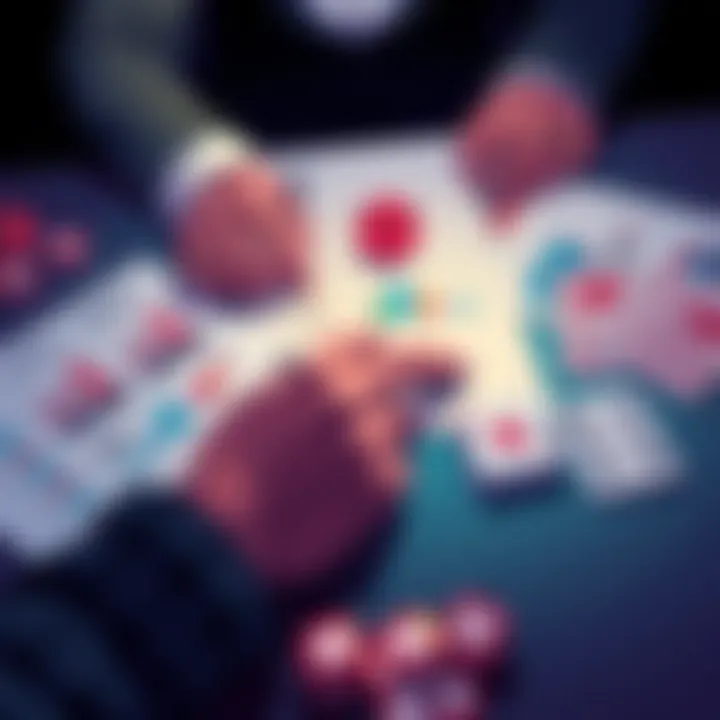 A person analyzing betting options, with charts and notes on a table. Dice and playing cards are also visible, showing a mix of winning and losing possibilities.