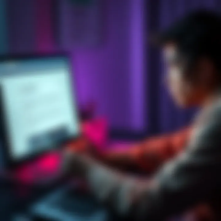 A person looking concerned while checking their email on a computer, with a suspicious email visible on the screen that looks like a SurveyMonkey message.