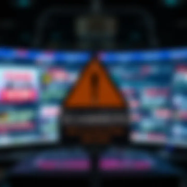 A warning sign about scams with a background of a computer screen showing fake sales posts