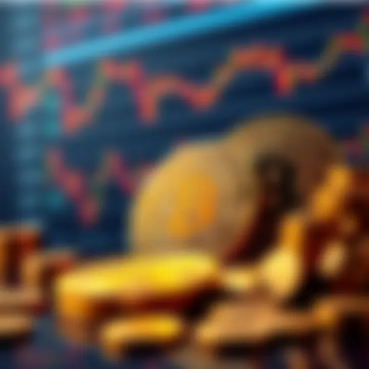 Graphic showing Bitcoin coins with a downward trend in stock market graphs, representing Bhutan's financial decision.