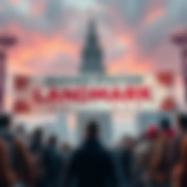 People gathered for the auction of a famous landmark with a large banner announcing the bidding event