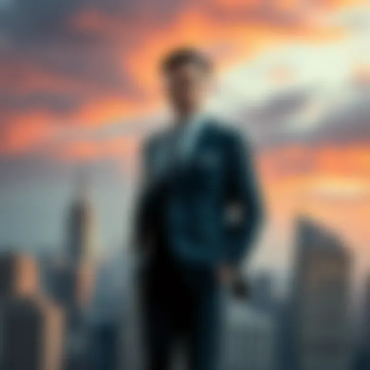 A billionaire standing confidently in a tailored business suit, with a city skyline in the background, symbolizing success and wealth.