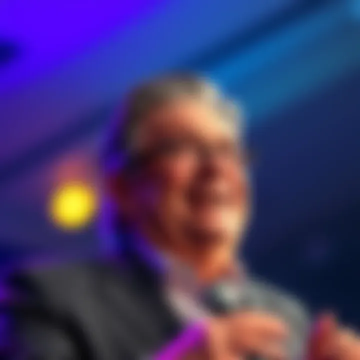 A confident billionaire smiles while giving a motivational speech, encouraging people to stay hopeful after financial losses.
